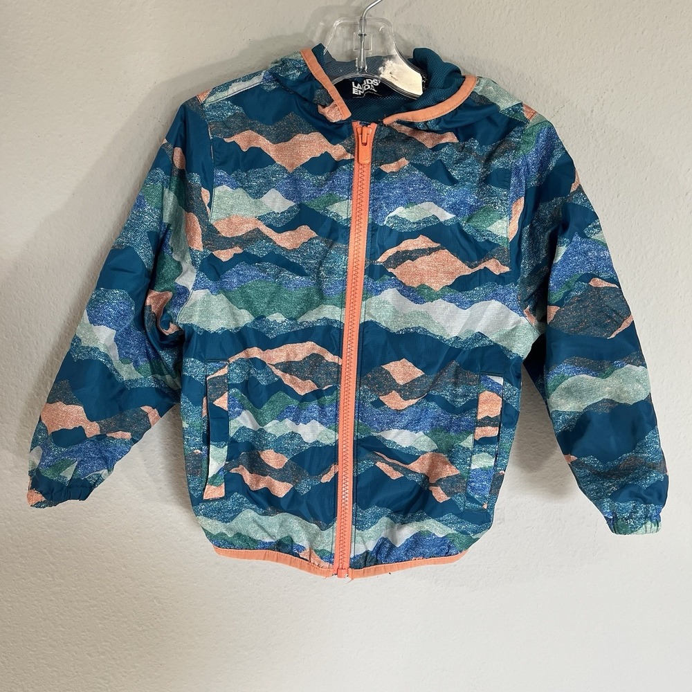 Lands End Rain Jacket/Windbreaker Hooded Packable Teal Mountains Size XXS 2-3T